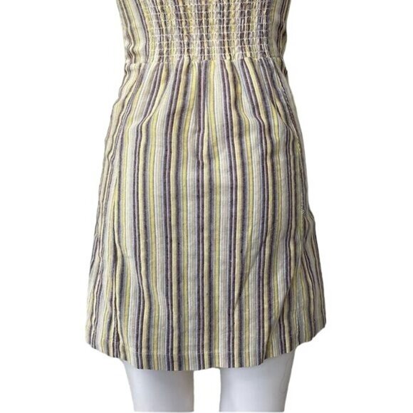 Mind Code Pin Striped Mini Linen Y2K Yellow Blue Brown Button Dress Size S - Picture 8 of 12